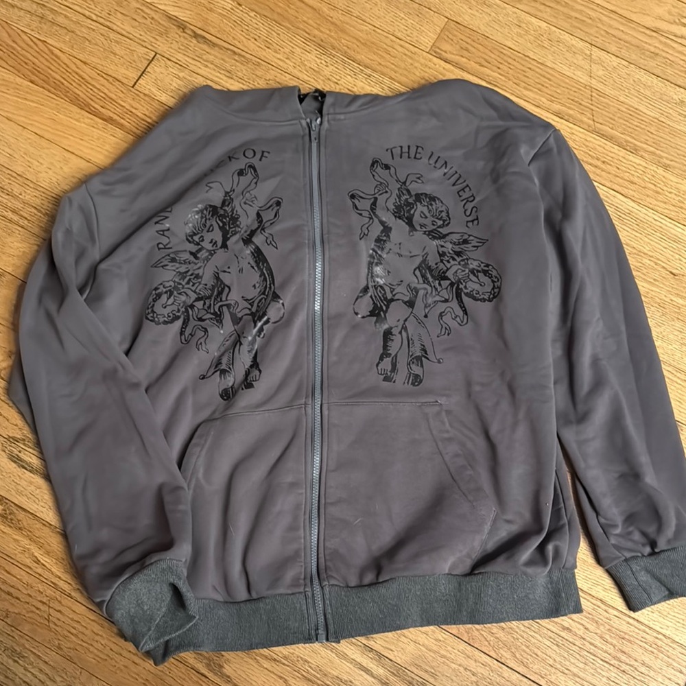 Gray Zip-Up Hooded Sweatshirt with Angel Print